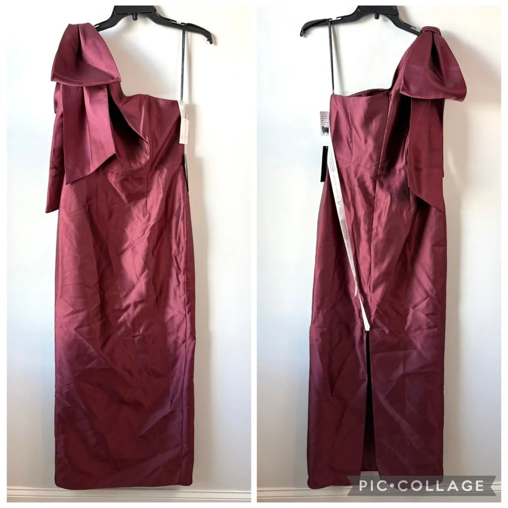 ALFRED SUNG One-Shoulder Bow-Accent Maxi Dress in Burgundy - Picture 2 of 8